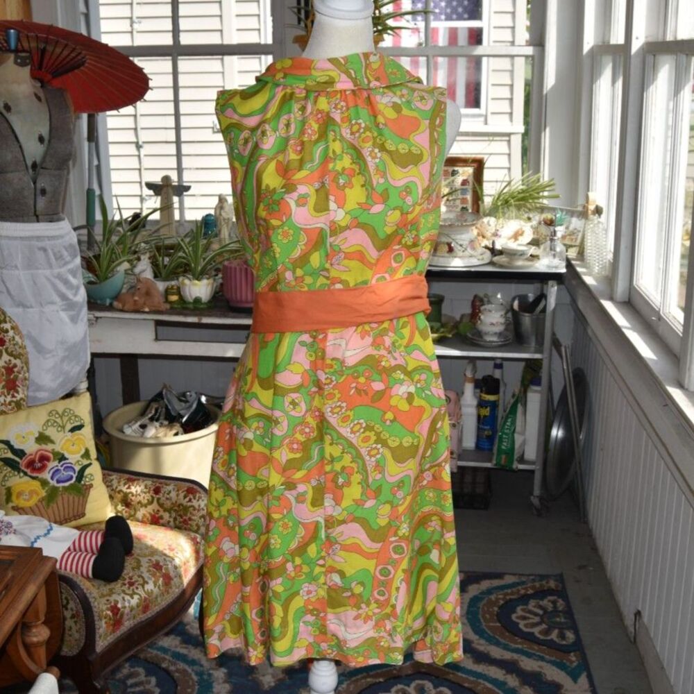 Vintage 1960s Psychedelic Floral Dress Orange Green Sash Mod Hippie L